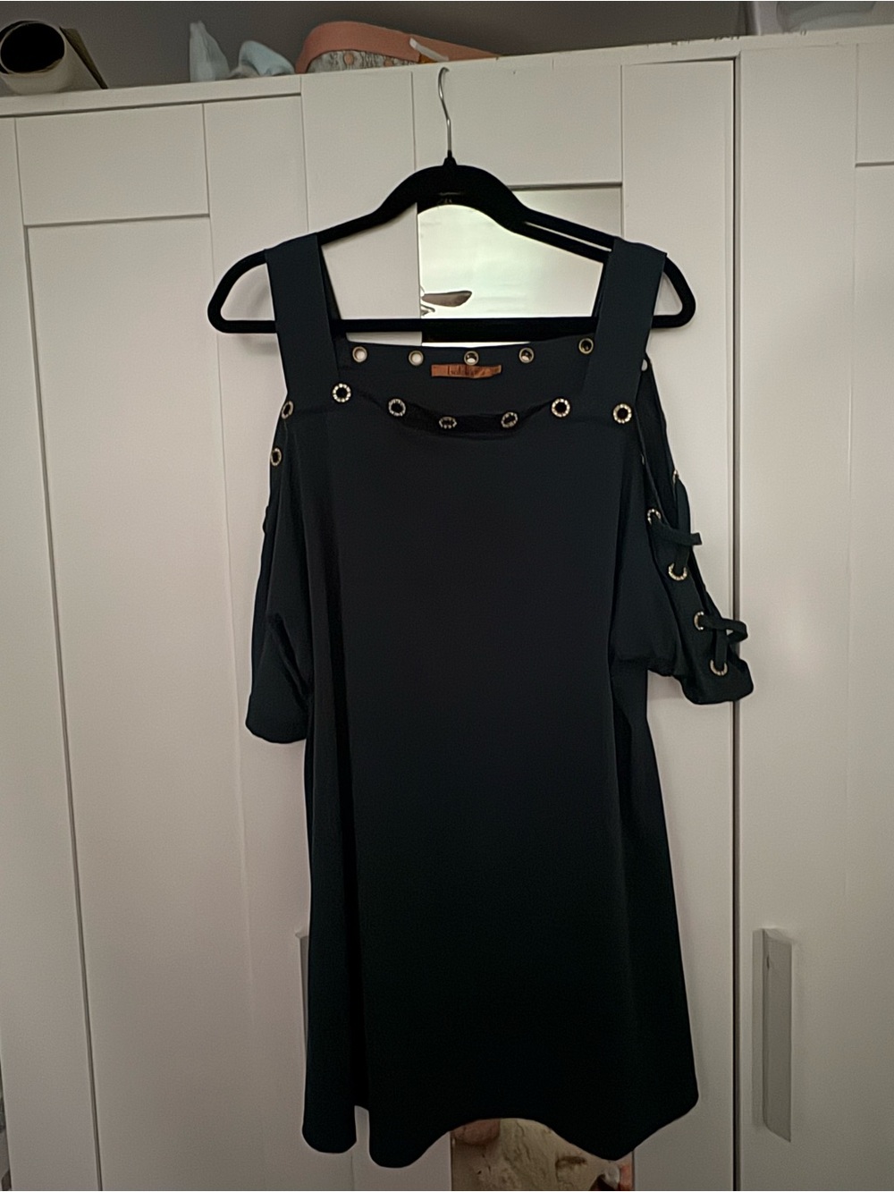 Belldini Black Cold-Shoulder Dress with Grommet Detail